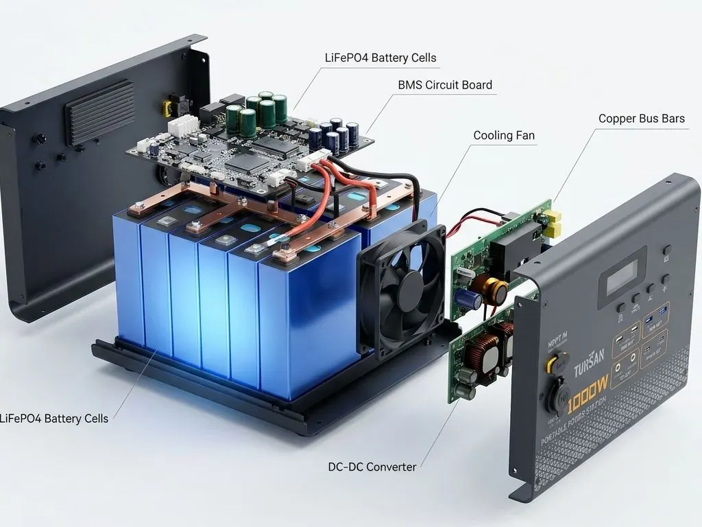 TURSAN YC1100 Exploded Cutaway — LiFePO4 Cells, BMS, Inverter