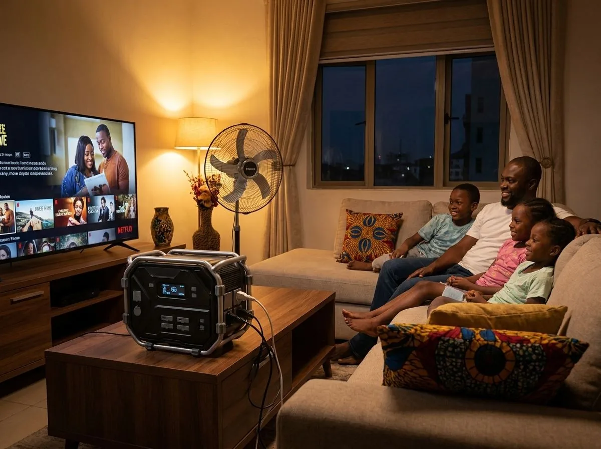 Family watching TV at night with a fan running on a TURSAN YC 2400 during a power cut