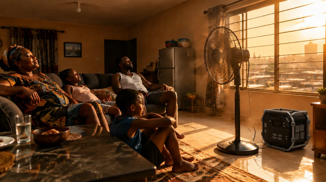 Nigerian family keeping cool with a fan powered by a portable power station during a hot afternoon power cut