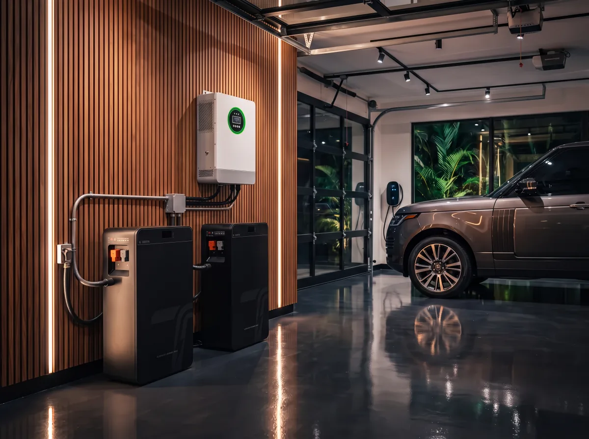 Two TURSAN TSA-LFP48-320 batteries with a JC-AC 6kW inverter in a luxury garage