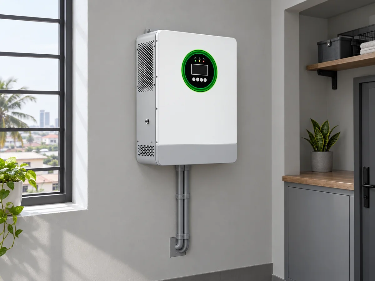 TURSAN JC-AC-6KW hybrid inverter wall-mounted in a tidy utility room