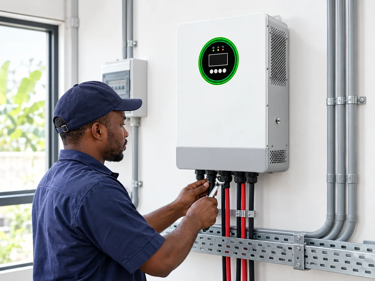 Nigerian solar technician installing the TURSAN JC-AC-6KW inverter