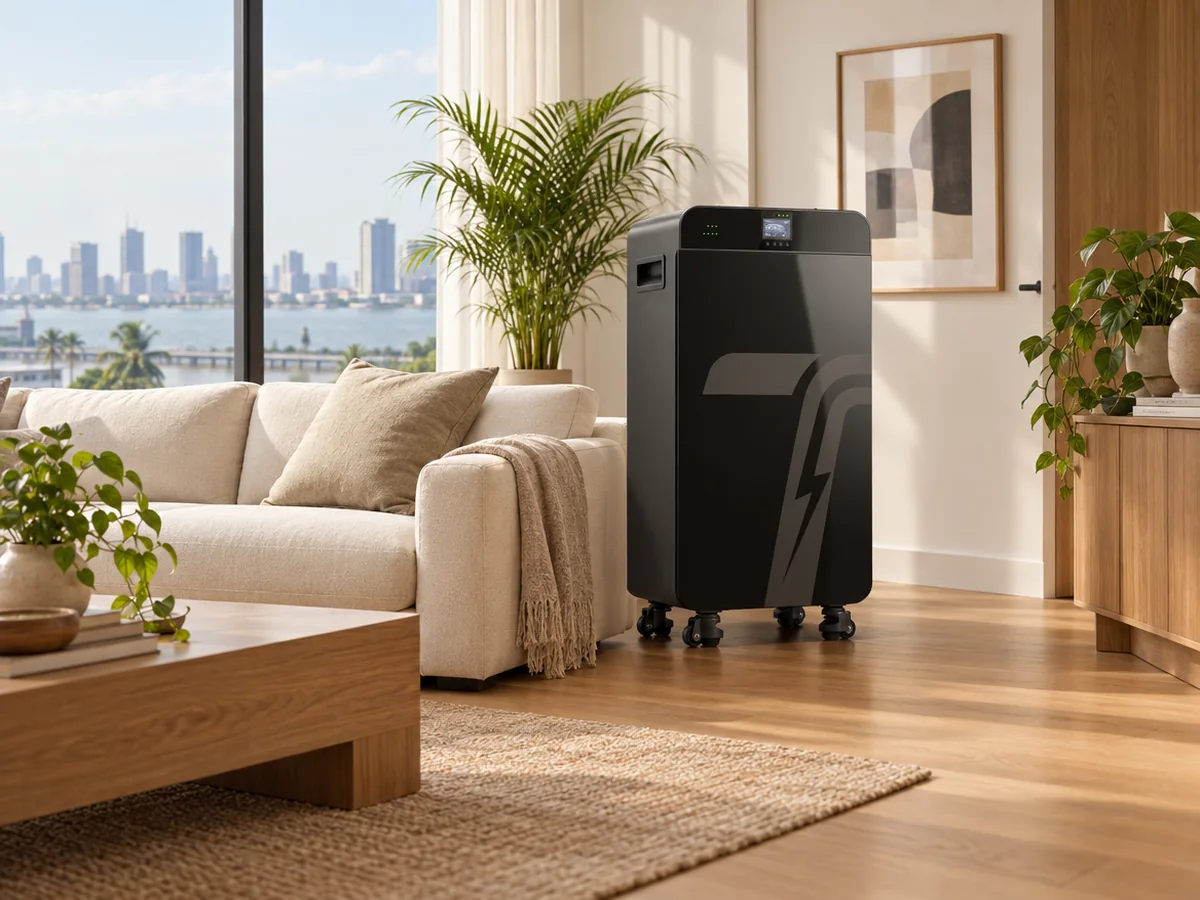 TURSAN JC-YT-5K all-in-one home battery in a bright living room