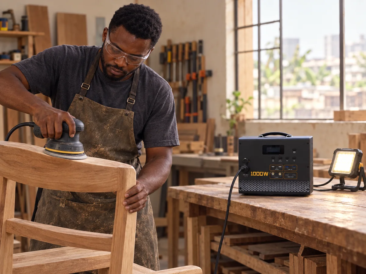 TURSAN YC 1100 powering a sander and work lamp in a carpentry workshop