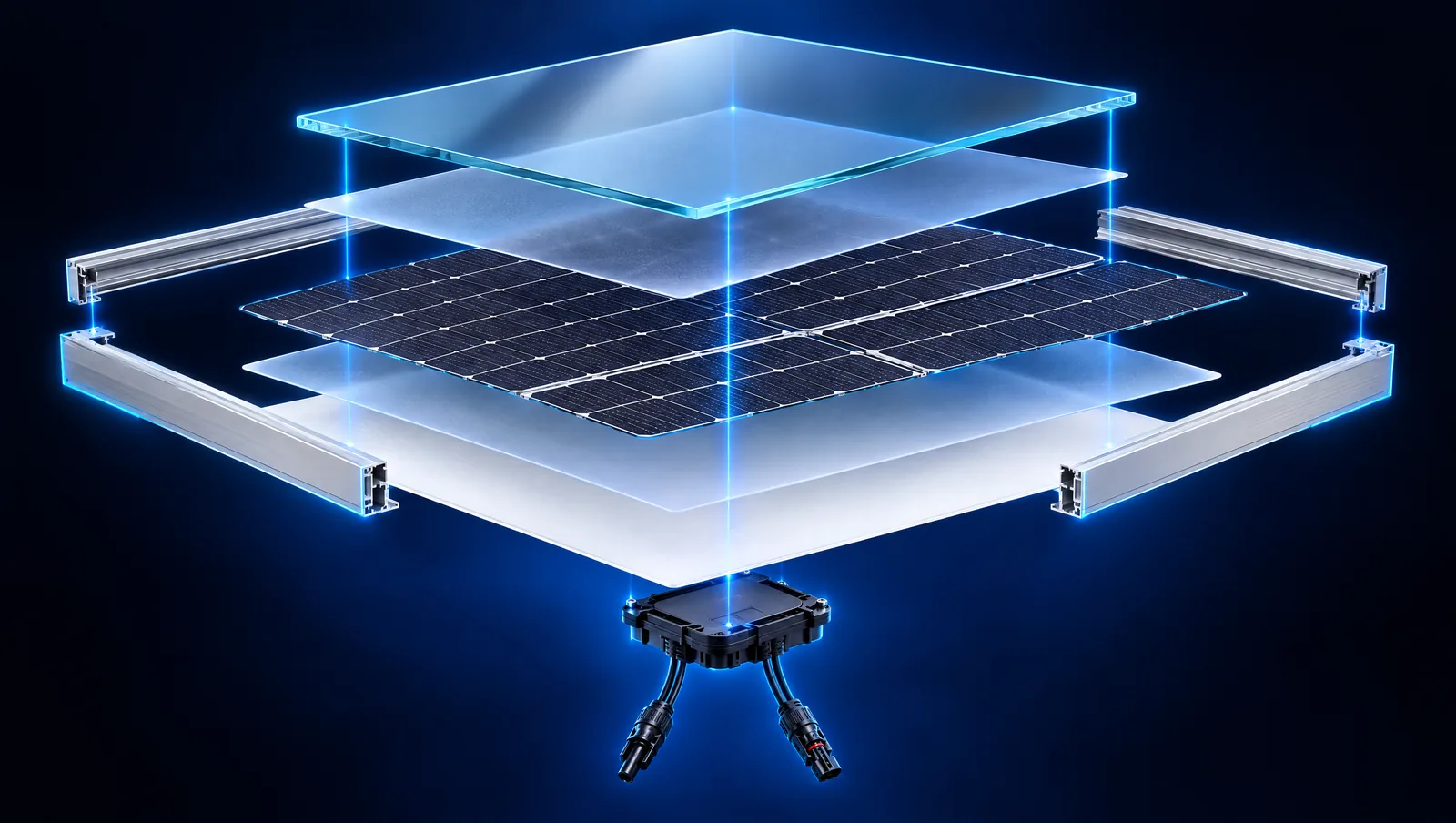 Exploded view of the Haitai 595W solar panel layers