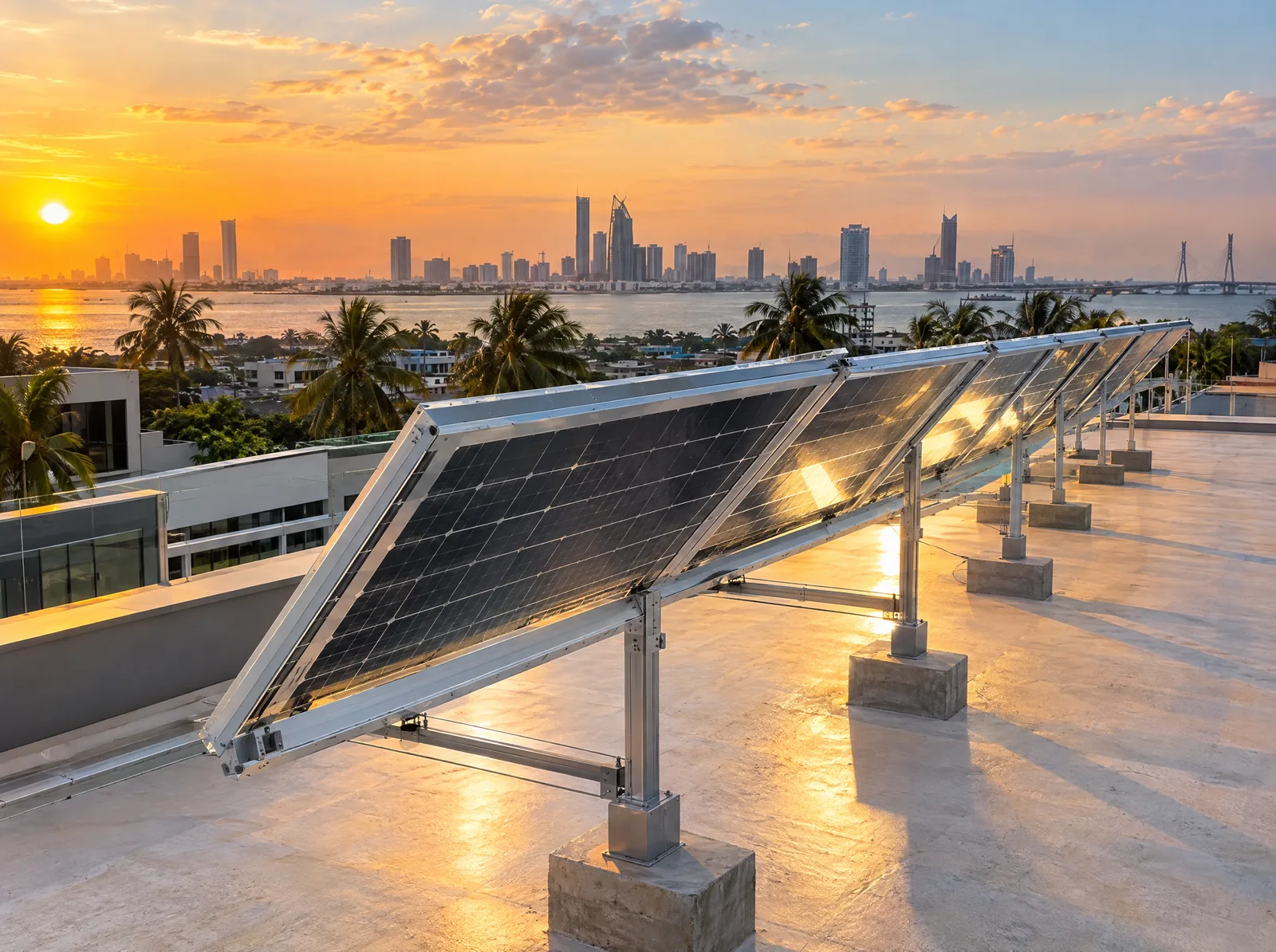 Rows of Haitai 730W bifacial panels on a Lagos commercial rooftop