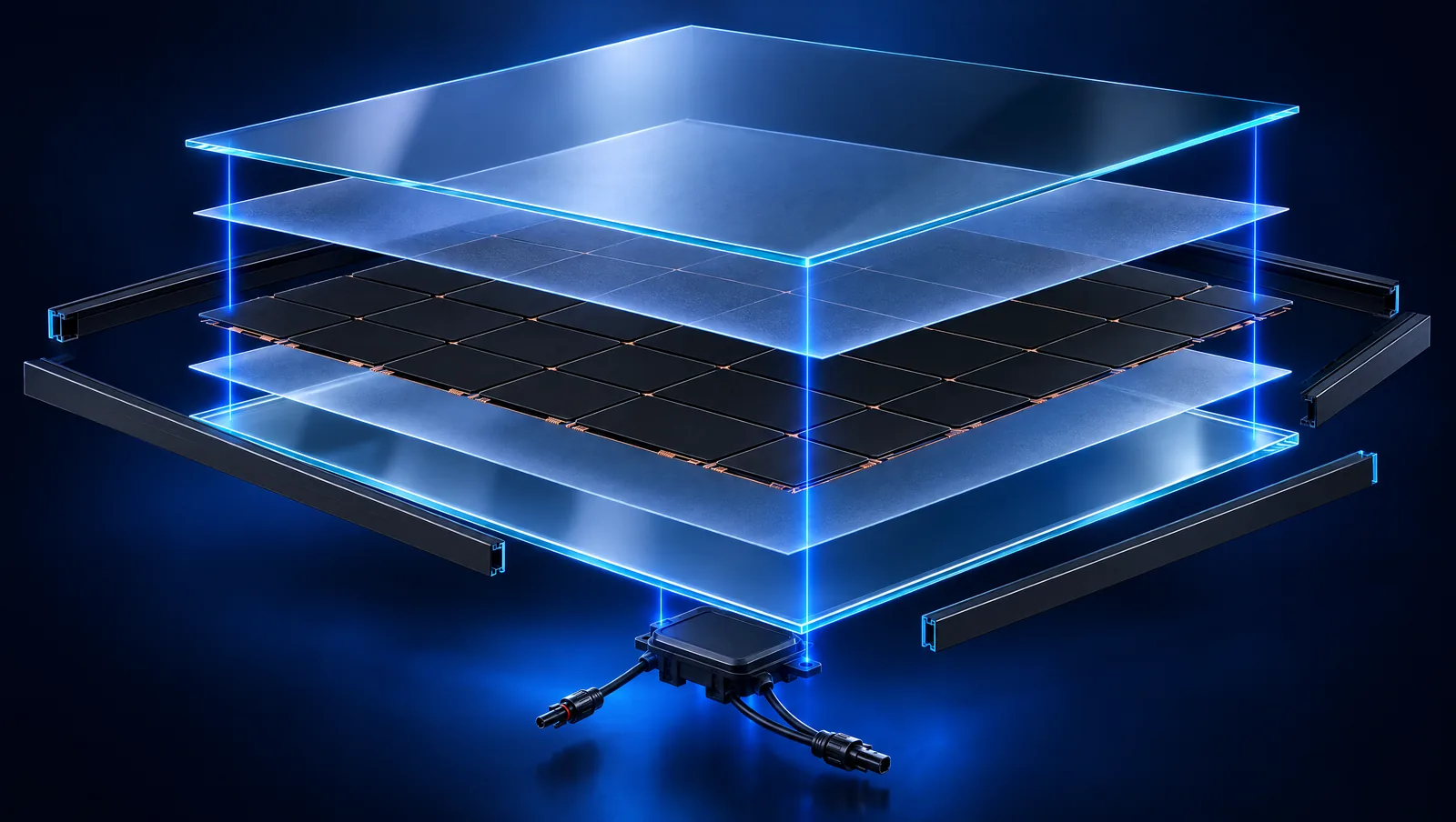 Exploded view of the Taekmo 650W solar panel layers