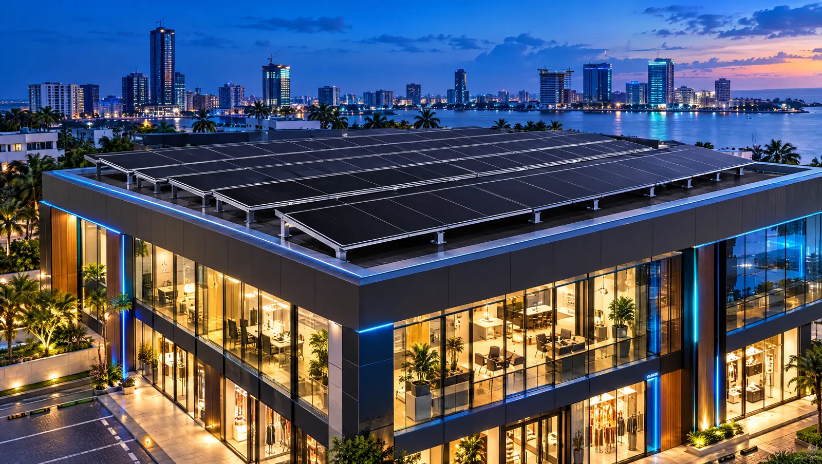 Large array of Taekmo panels on a commercial building in Victoria Island