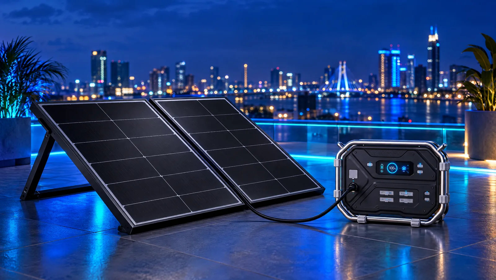 Two Taekmo panels charging a TURSAN YC 2400 Classic power station