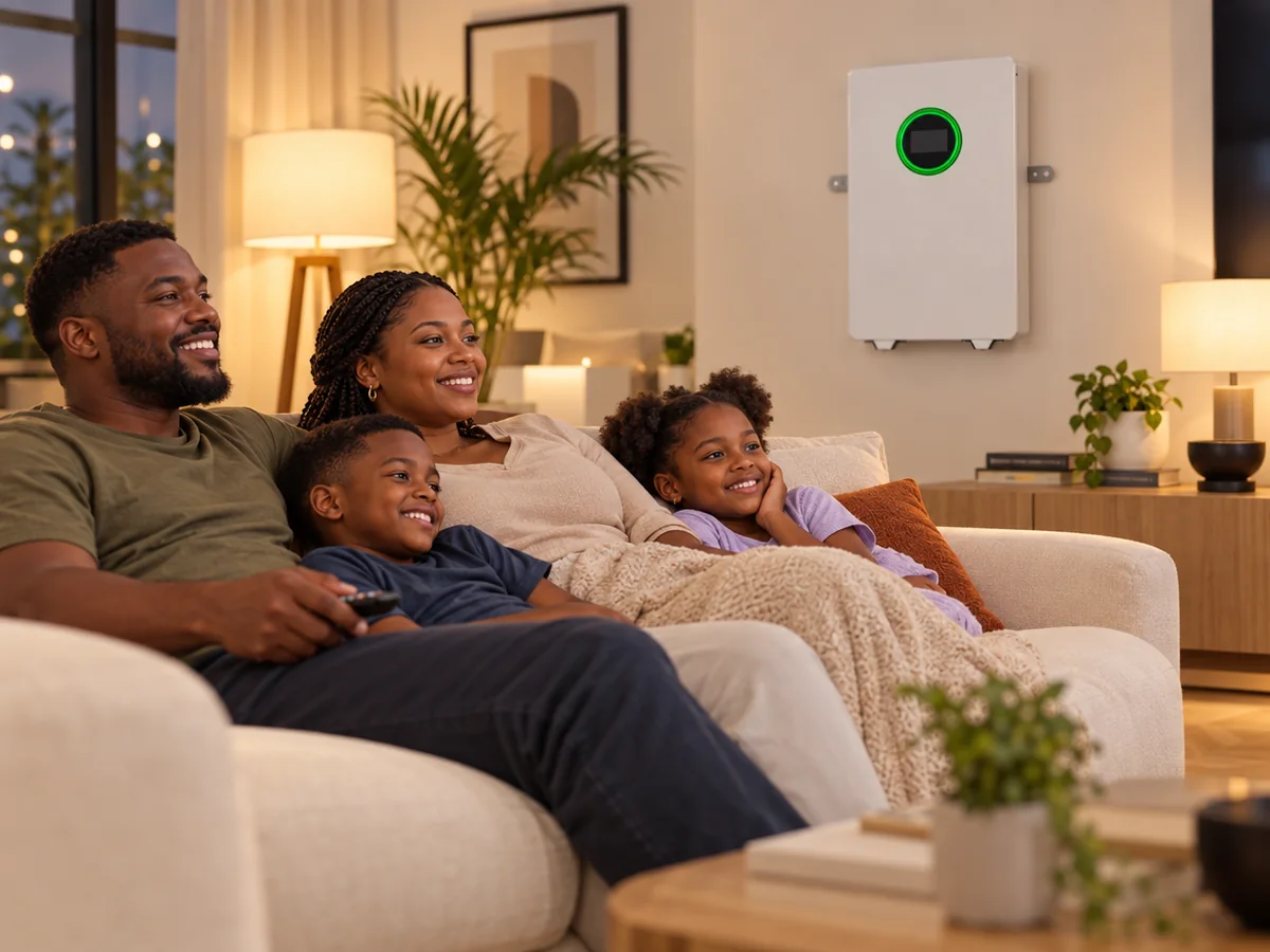 Nigerian family watching TV in the evening with the wall battery on the living-room wall