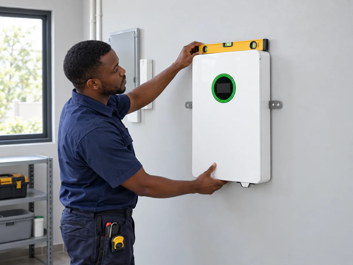Technician mounting the TURSAN wall battery in a home utility room