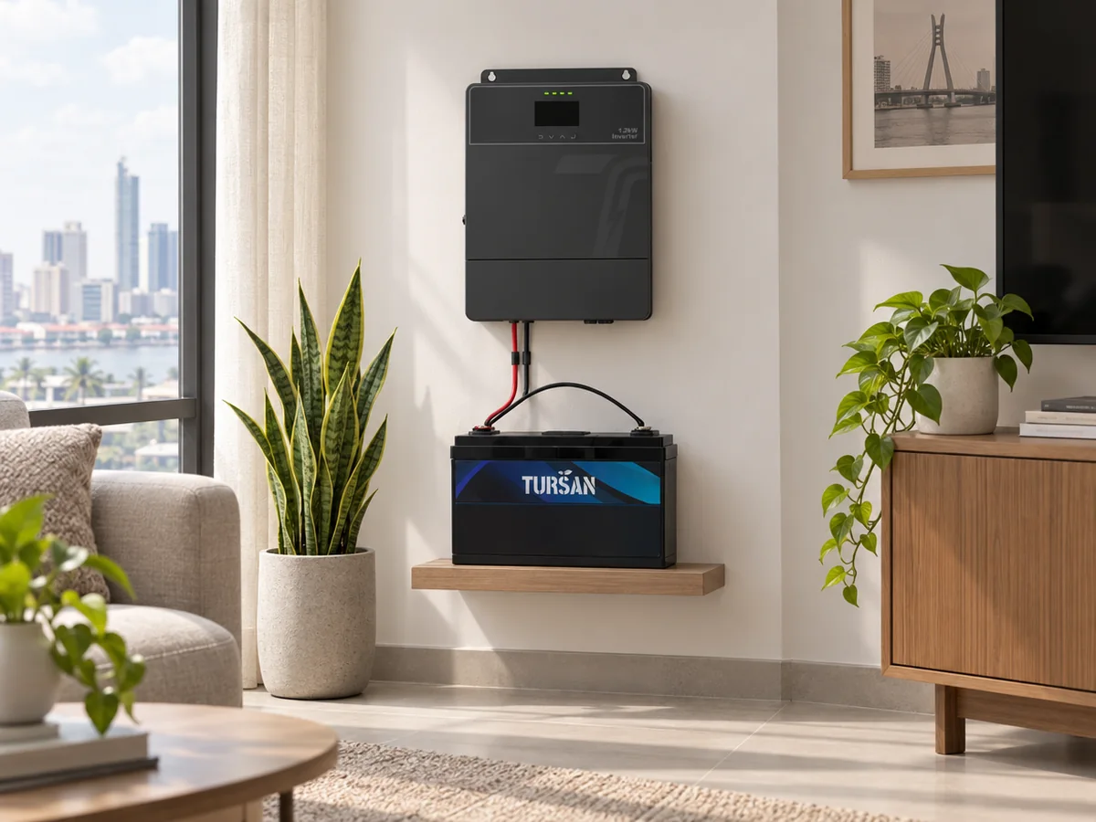 TURSAN JC-AC-1.2KW inverter wall-mounted above a 12V lithium battery