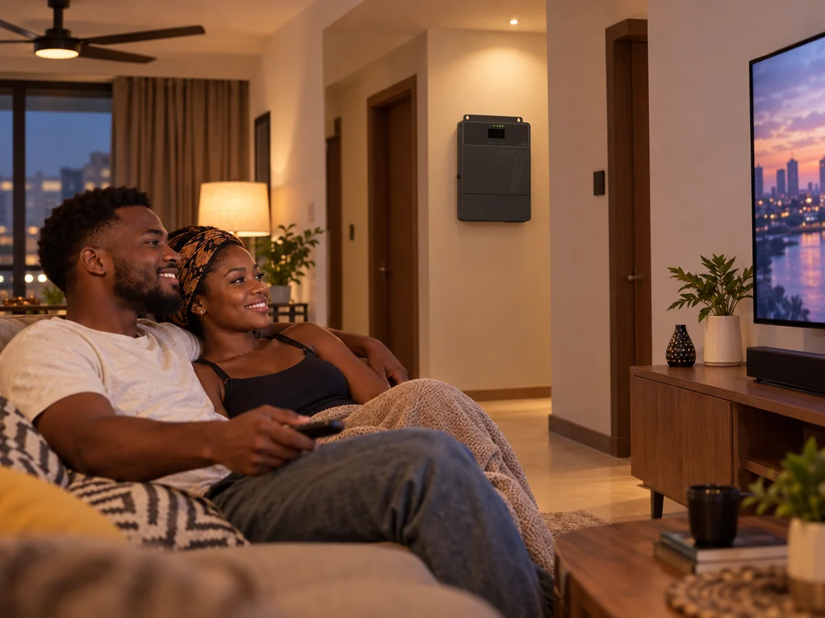 Couple watching TV at home with the TURSAN JC-AC-1.2KW on the hallway wall