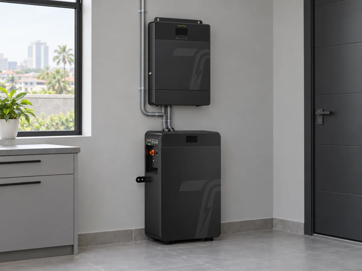 TURSAN JC-AC-3.6KW inverter mounted above a 24V battery cabinet in a utility room