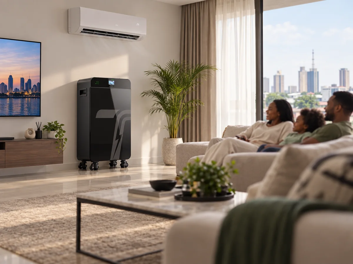 TURSAN JC-YT-5K all-in-one powering an air conditioner and TV in a living room