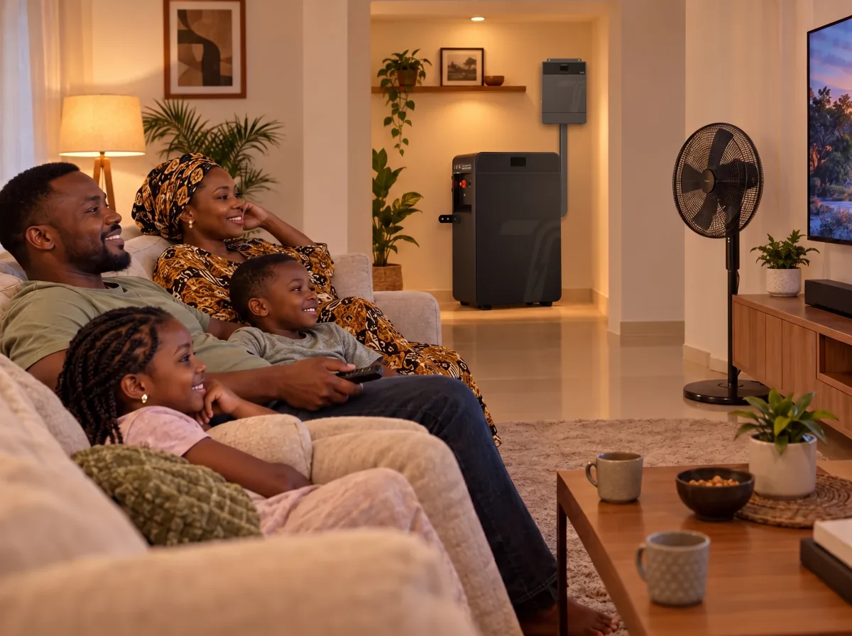 Family relaxing at home with the TURSAN TSA-24V200Ah cabinet in the background
