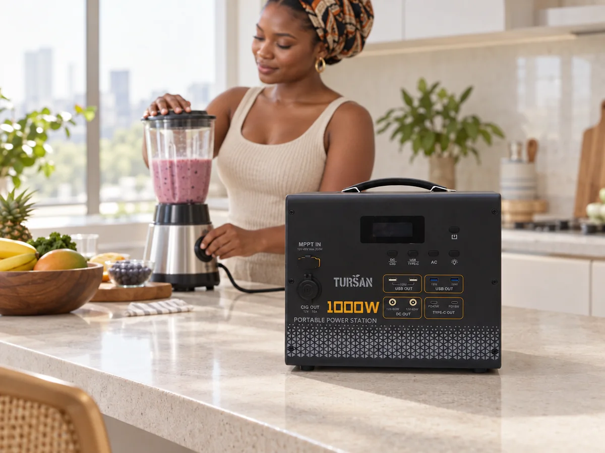 TURSAN YC 1100 running a blender on a kitchen counter