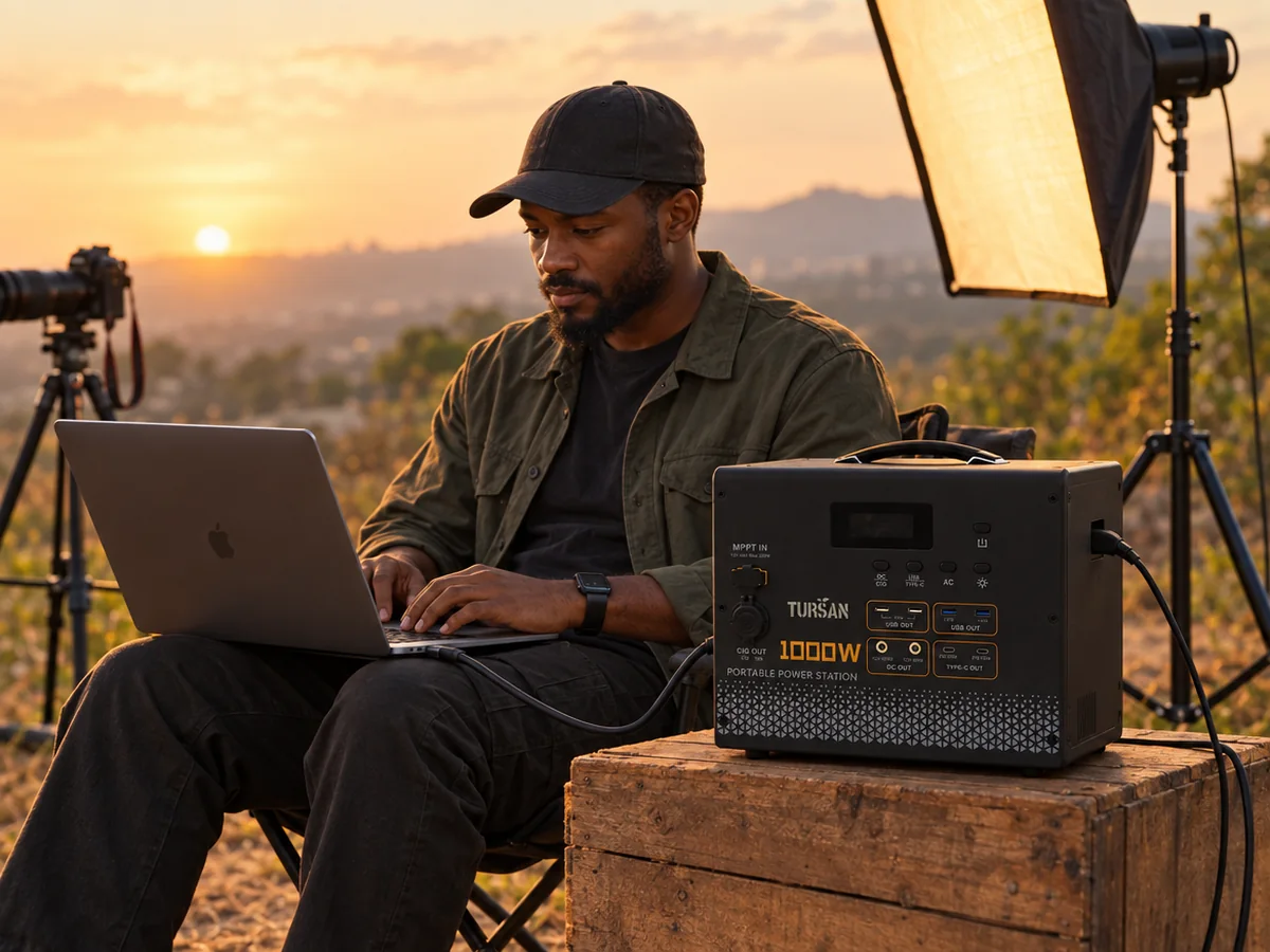 Photographer powering a laptop and light on location with the TURSAN YC 1100