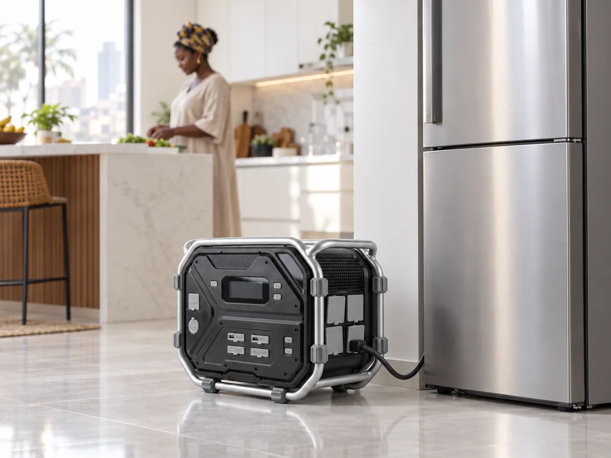 TURSAN YC 2400 power station on a kitchen floor powering a fridge