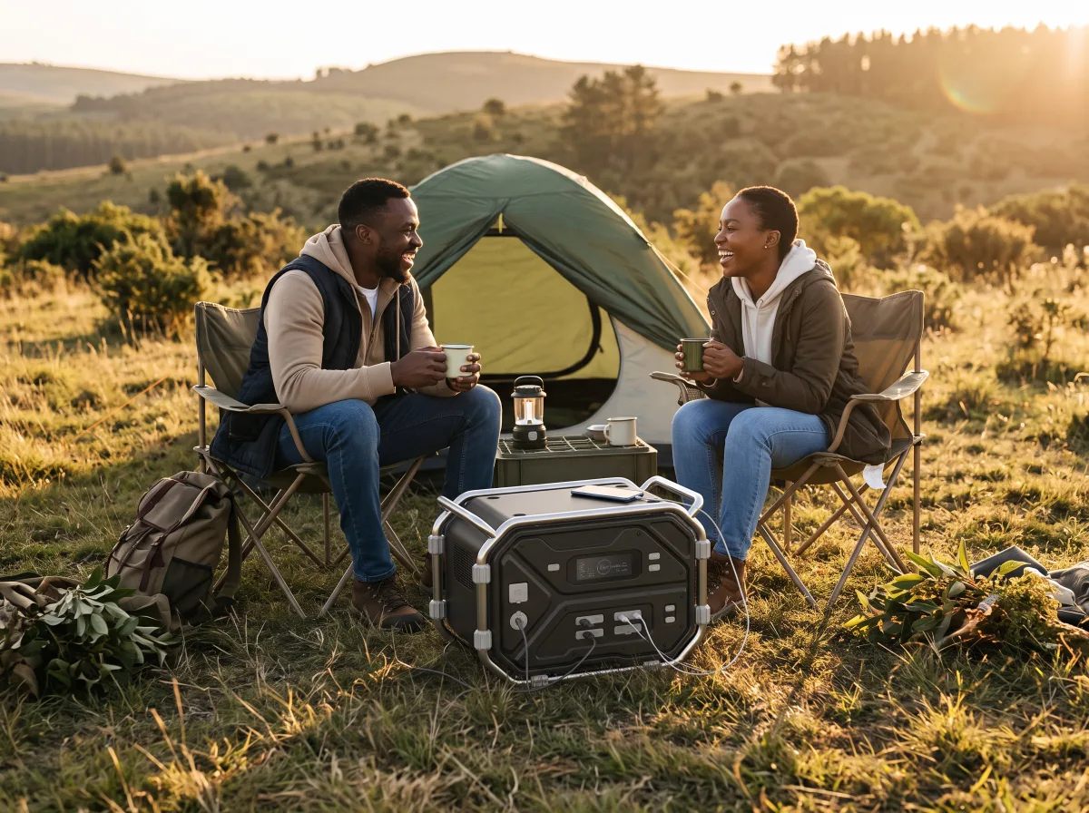 Couple relaxing at a hillside campsite with the TURSAN YC 2400 Classic powering a lantern and phone