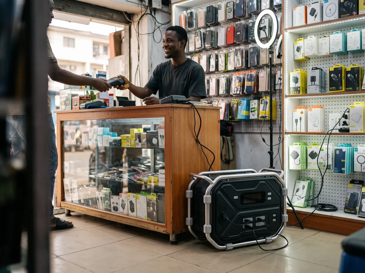 Phone-accessories shop in Lagos running its POS and lights on the YC 2400 Classic