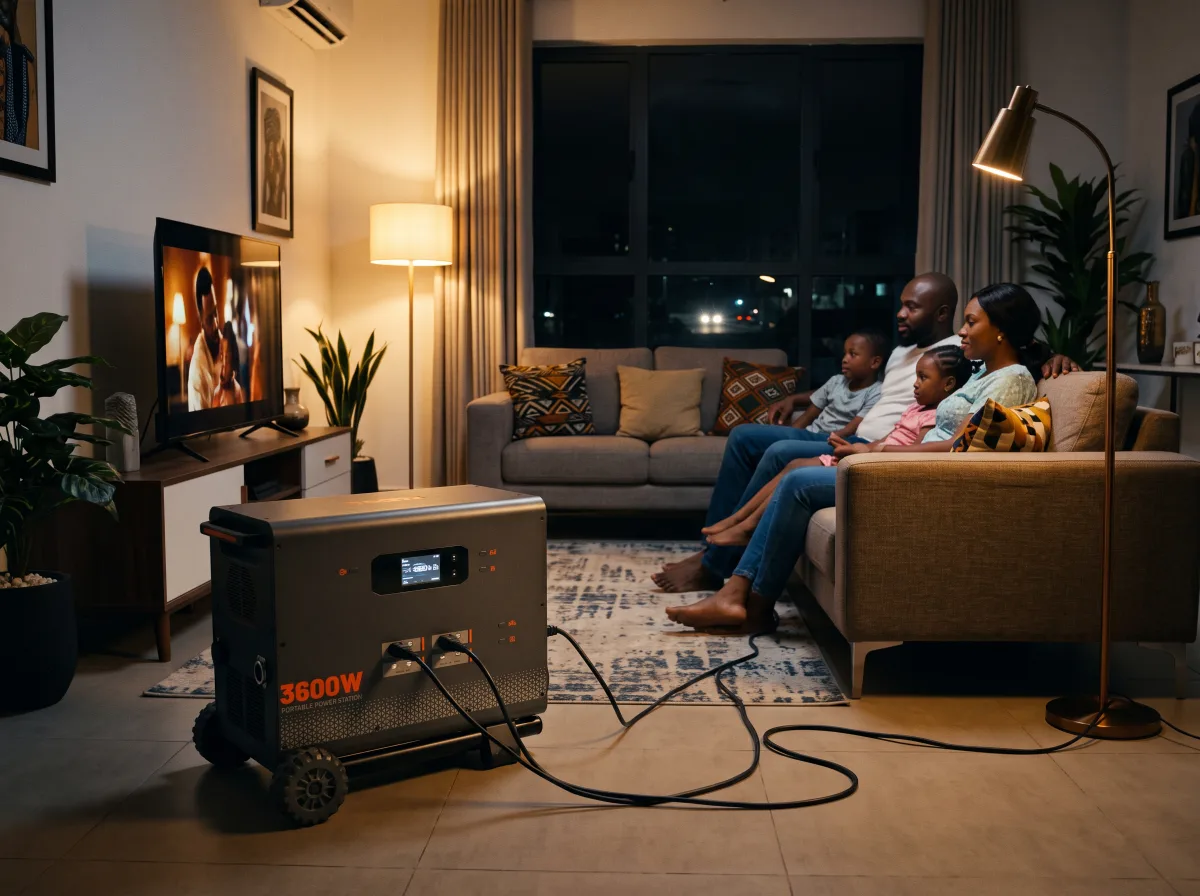 TURSAN YC 3600 powering a lamp and TV in a bright modern Lagos living room