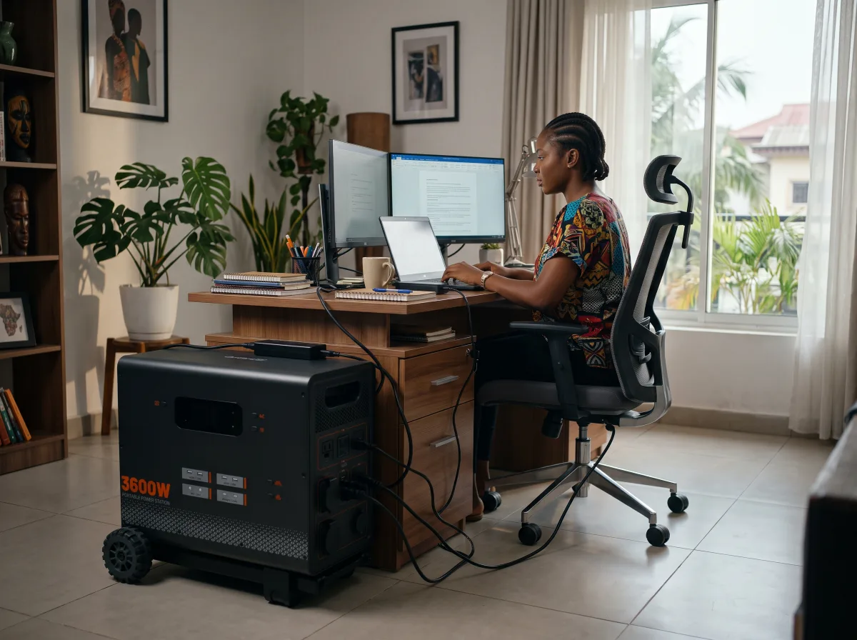 Woman working from home with laptop and monitor powered by the TURSAN YC 3600