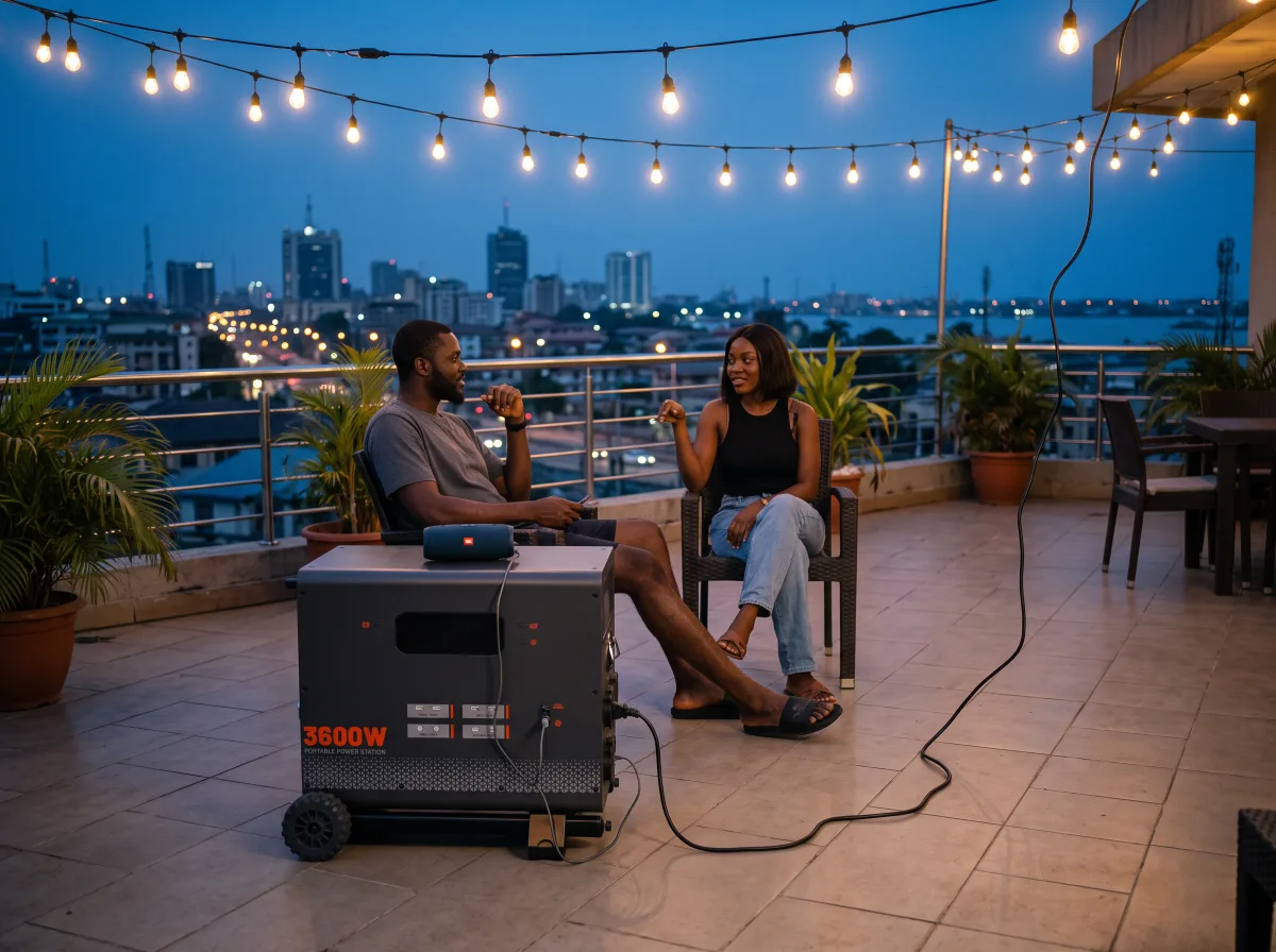 Friends relaxing on a garden terrace under string lights powered by the TURSAN YC 3600
