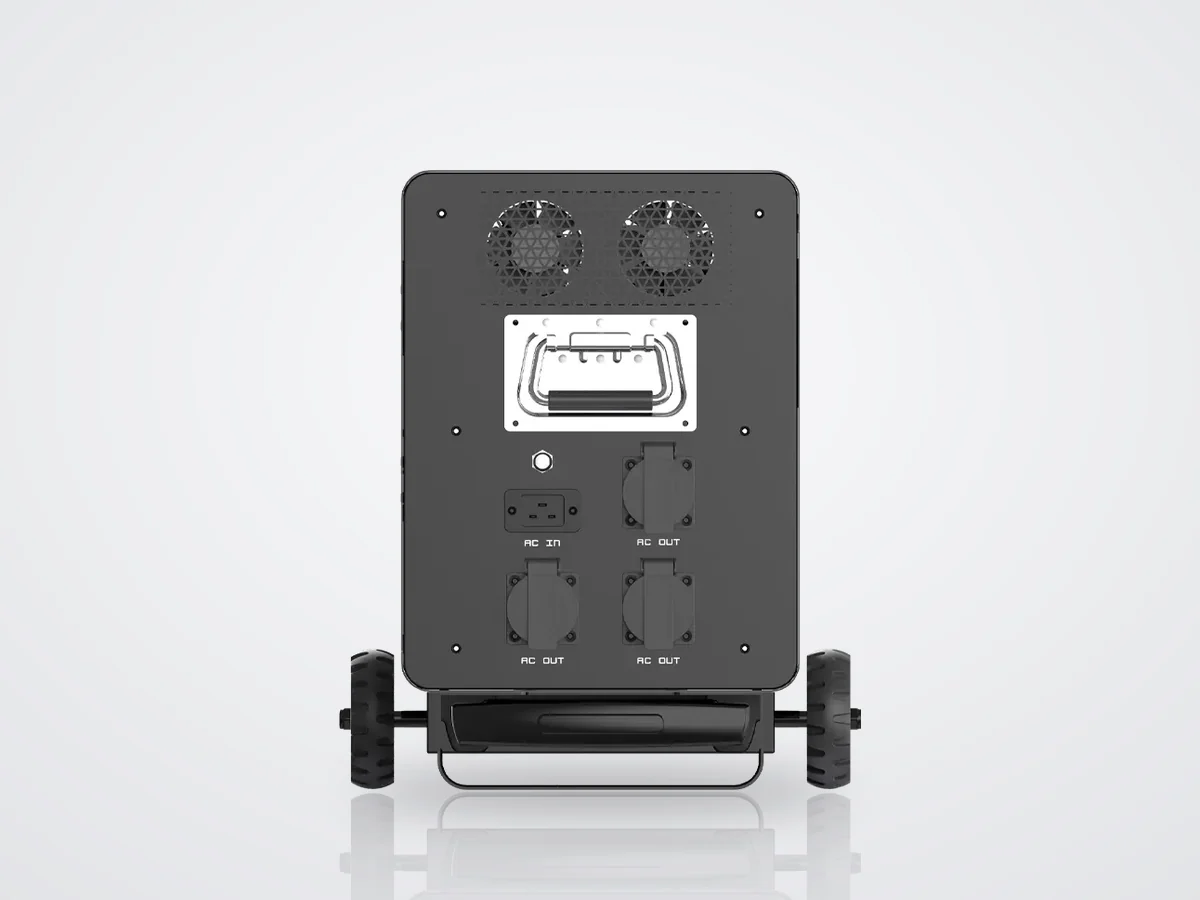 Back panel of the TURSAN YC 3600 with AC outlets and cooling fans