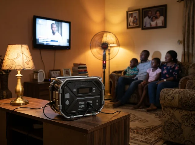 Family watching television during a blackout, powered by a TURSAN YC 2400